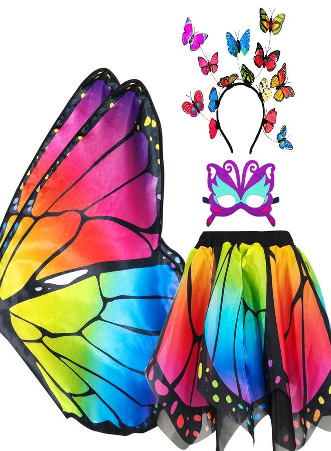 D.Q.Z Double-Sided Fairy Butterfly Wings Costume for Girls with Rainbow Tutu, 4Pcs Toddler Princess Dress Up Clothes Gifts for 3-8 (Brilliant Rainbow) - Image 1